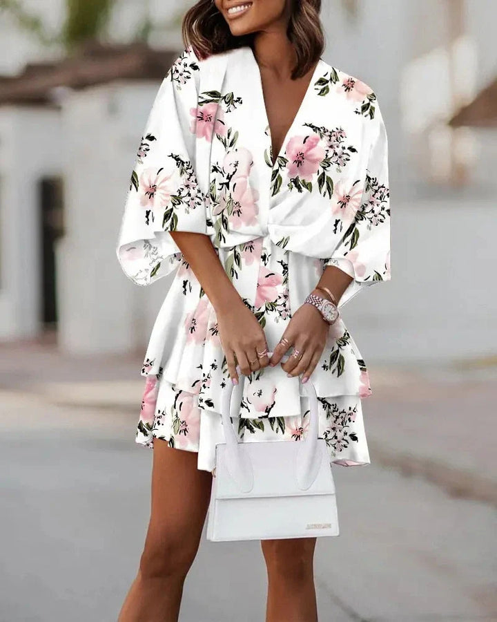 Women's Mini Dress V-Neck | Kimono Sleeve Floral