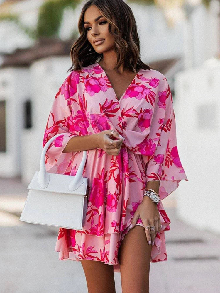 Women's Mini Dress V-Neck | Kimono Sleeve Floral