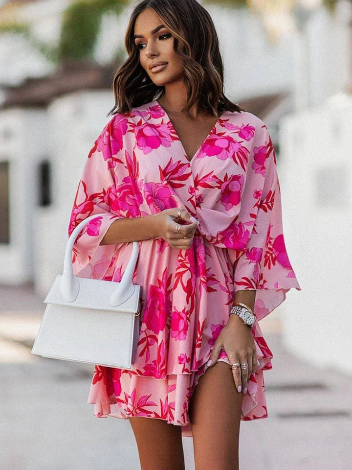 Women's Mini Dress V-Neck | Kimono Sleeve Floral