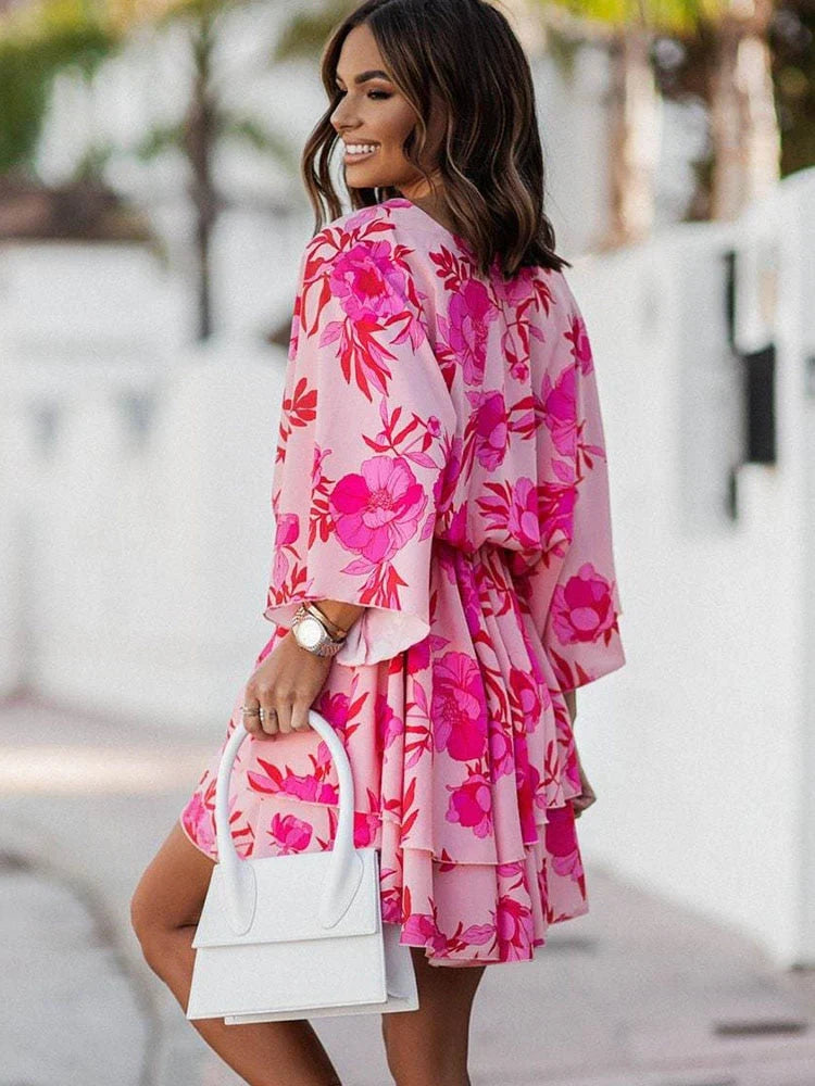 Women's Mini Dress V-Neck | Kimono Sleeve Floral