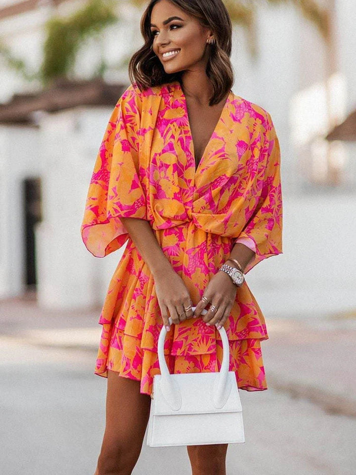 Women's Mini Dress V-Neck | Kimono Sleeve Floral