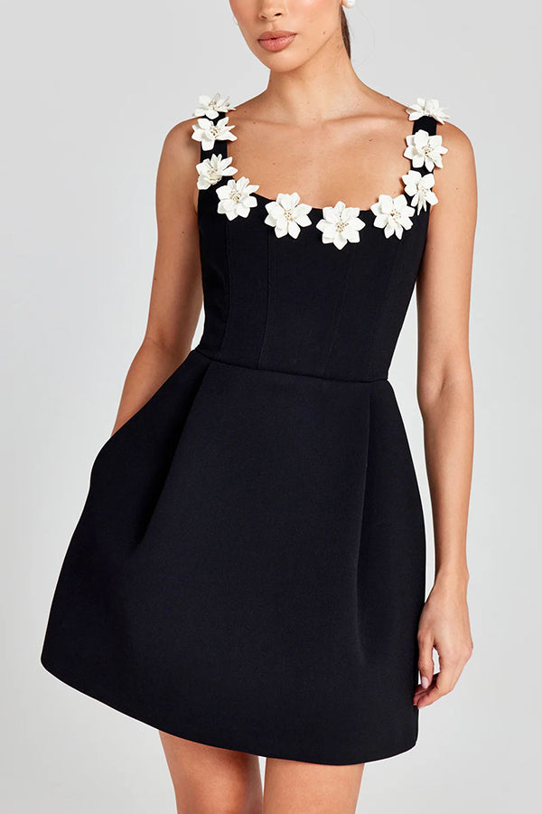 Women’s Mini Dress with Floral Appliqué & Square Neck | Party