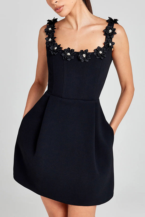 Women’s Mini Dress with Floral Appliqué & Square Neck | Party
