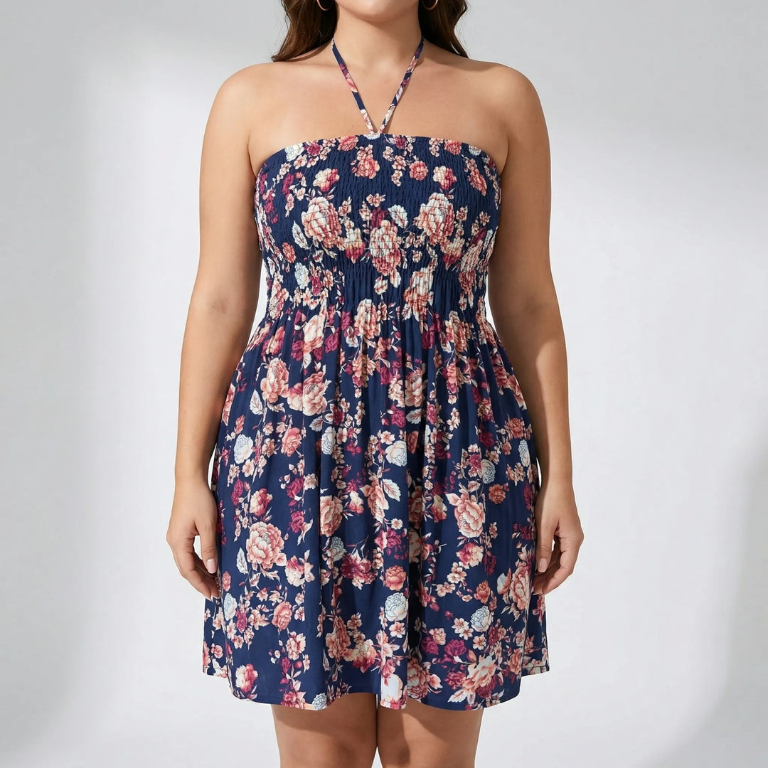 Women’s Mini Dress with Floral Print & Halter Neck | Plus Size