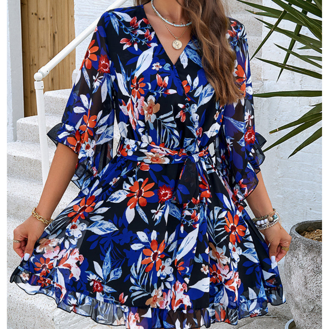 Women’s Mini Dress with Floral Print & Tie Waist | Bell Sleeve