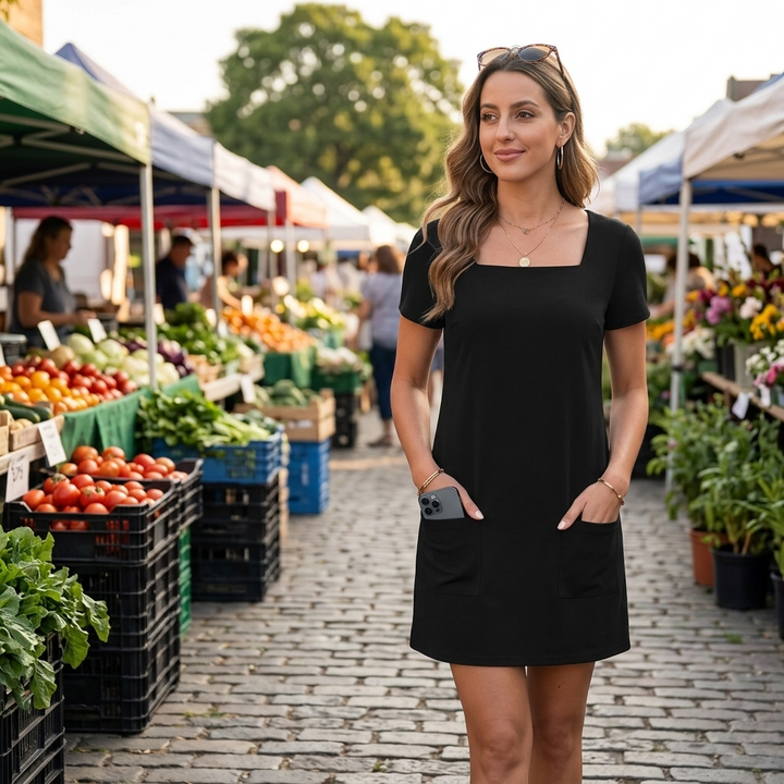 Women's Mini Dress with Pockets | Square Neck