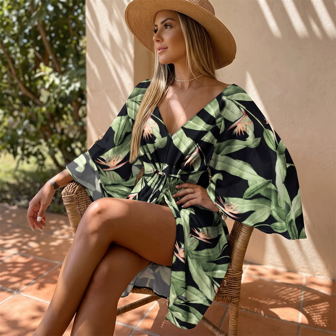 Women’s Mini Dress with Tropical Print & Bell Sleeves | Beach