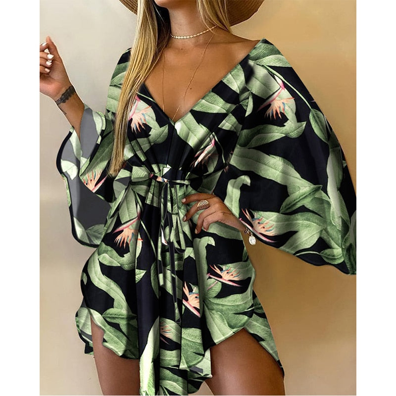 Women’s Mini Dress with Tropical Print & Bell Sleeves | Beach
