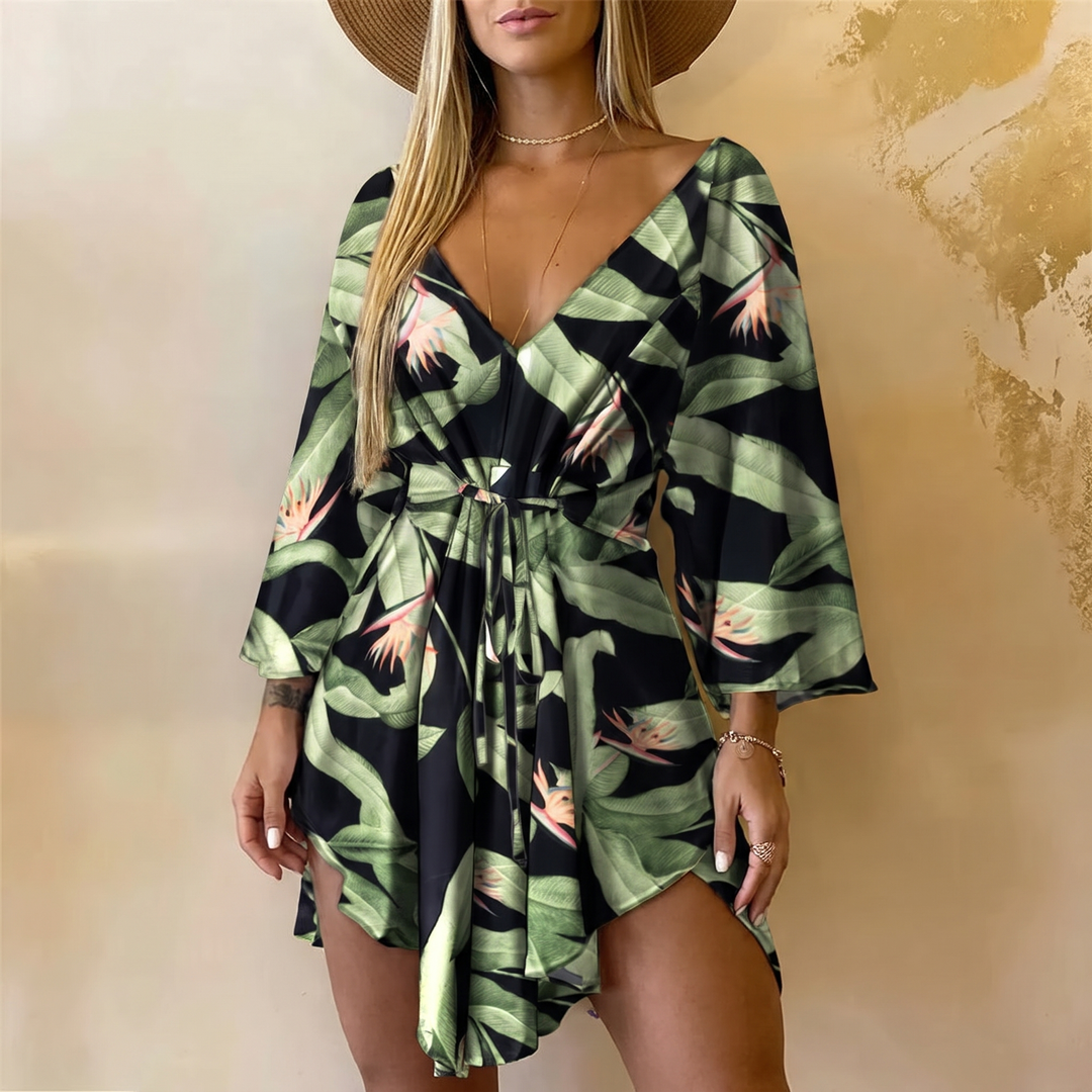 Women’s Mini Dress with Tropical Print & Bell Sleeves | Beach