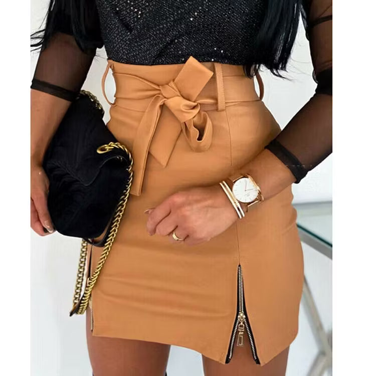 Women's Mini Skirt High-Waisted with Zip Slit | Tie-Waist