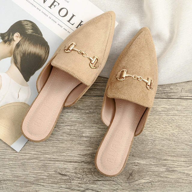 Women's Mules with Chain Buckle & Pointed Toe | Slip-On