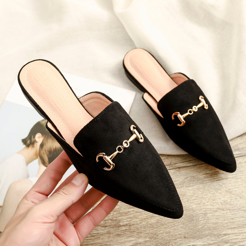 Women's Mules with Chain Buckle & Pointed Toe | Slip-On