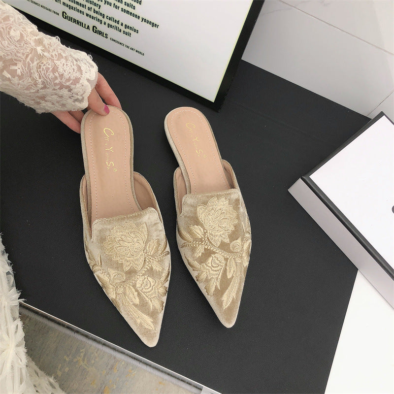 Women's Mules with Embroidered Floral & Pointed Toe | Slip-On
