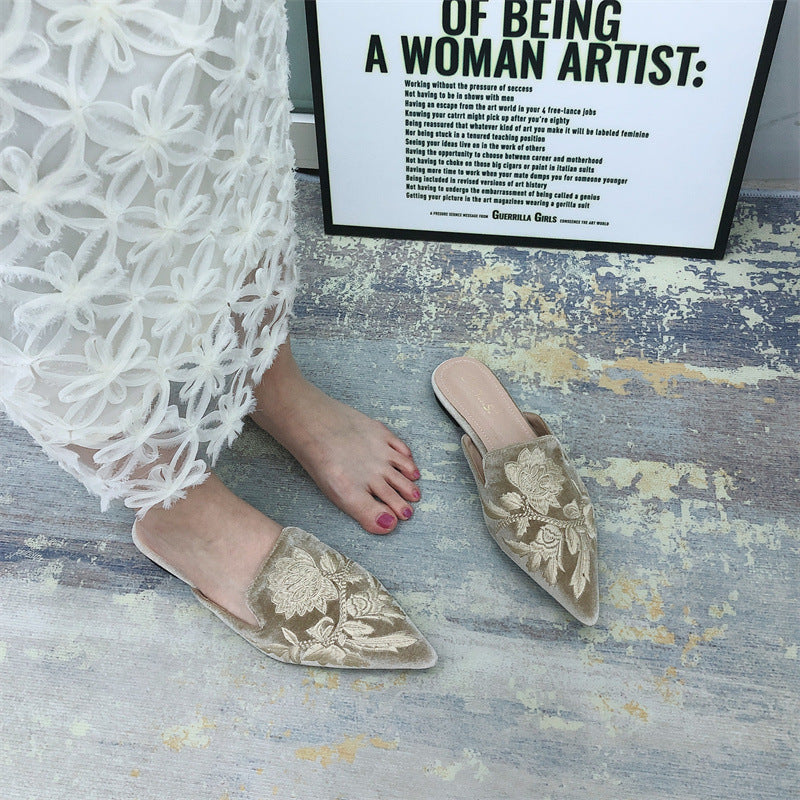 Women's Mules with Embroidered Floral & Pointed Toe | Slip-On