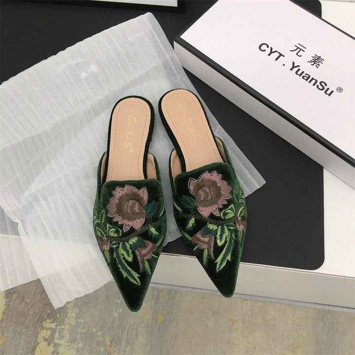Women's Mules with Embroidered Floral & Pointed Toe | Slip-On