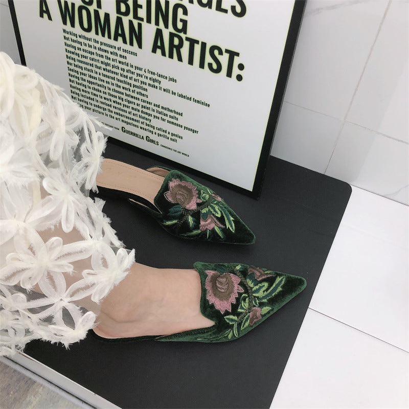 Women's Mules with Embroidered Floral & Pointed Toe | Slip-On