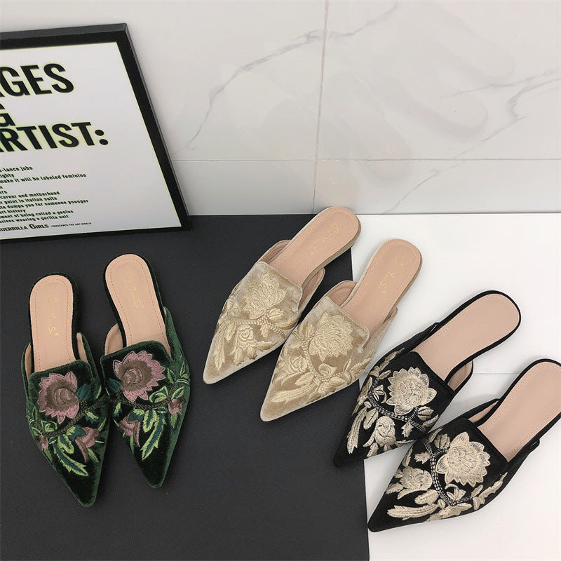 Women's Mules with Embroidered Floral & Pointed Toe | Slip-On
