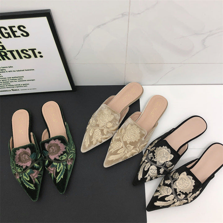 Women's Mules with Embroidered Floral & Pointed Toe | Slip-On