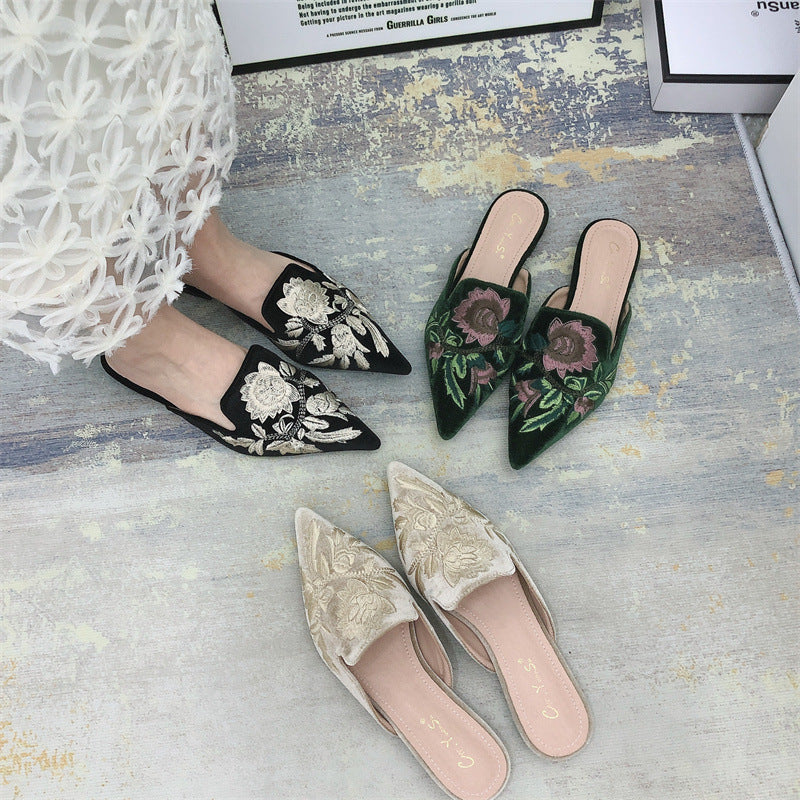 Women's Mules with Embroidered Floral & Pointed Toe | Slip-On