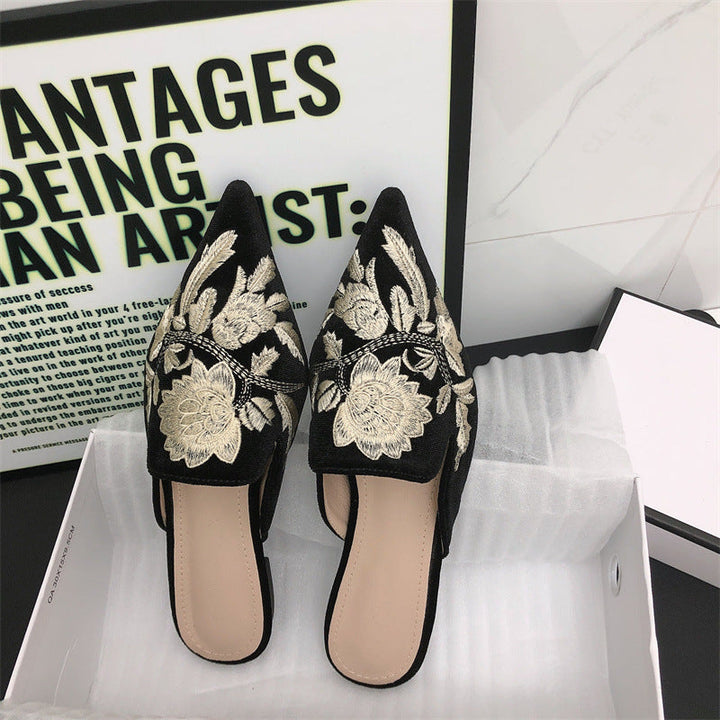 Women's Mules with Embroidered Floral & Pointed Toe | Slip-On
