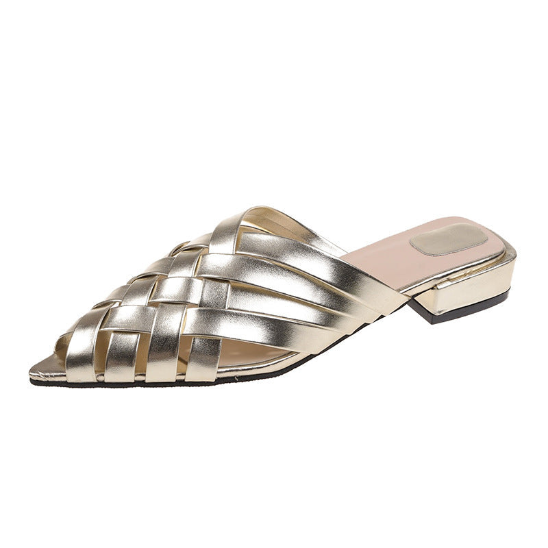 Women's Mules with Woven Straps & Block Heel | Metallic