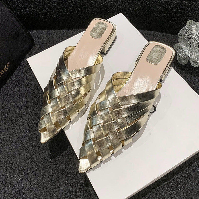 Women's Mules with Woven Straps & Block Heel | Metallic