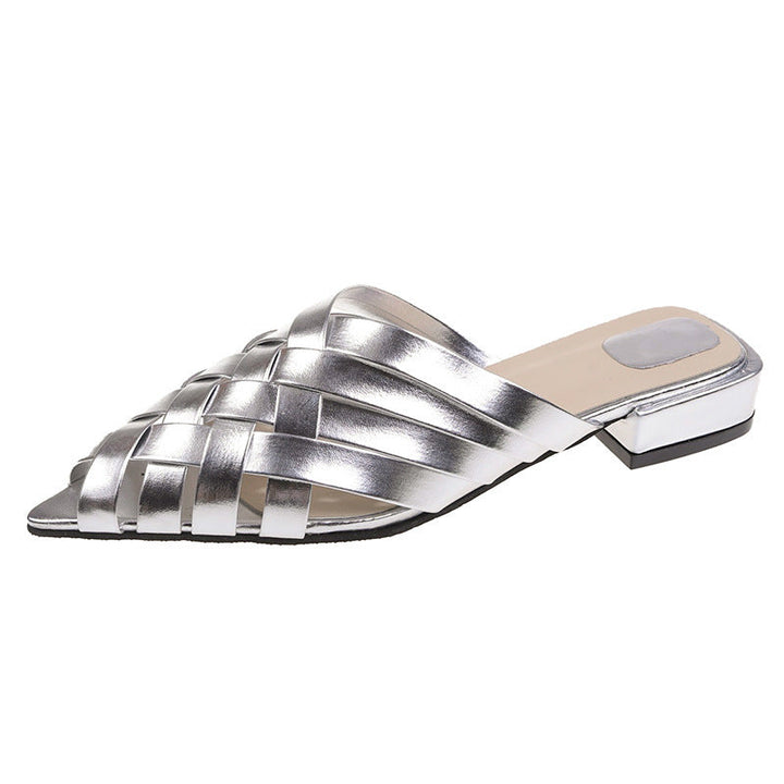 Women's Mules with Woven Straps & Block Heel | Metallic