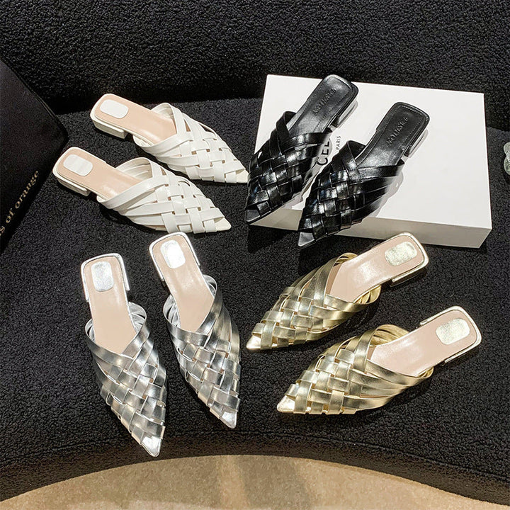 Women's Mules with Woven Straps & Block Heel | Metallic
