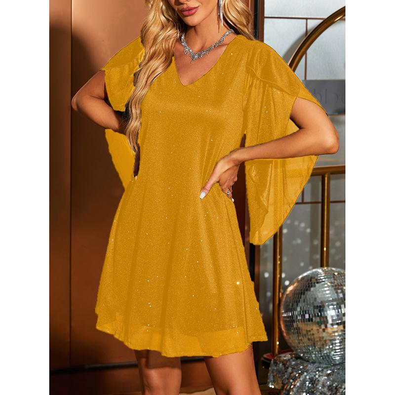 Women’s New Years Eve Dress with Cape Sleeves & V-Neck | Mini