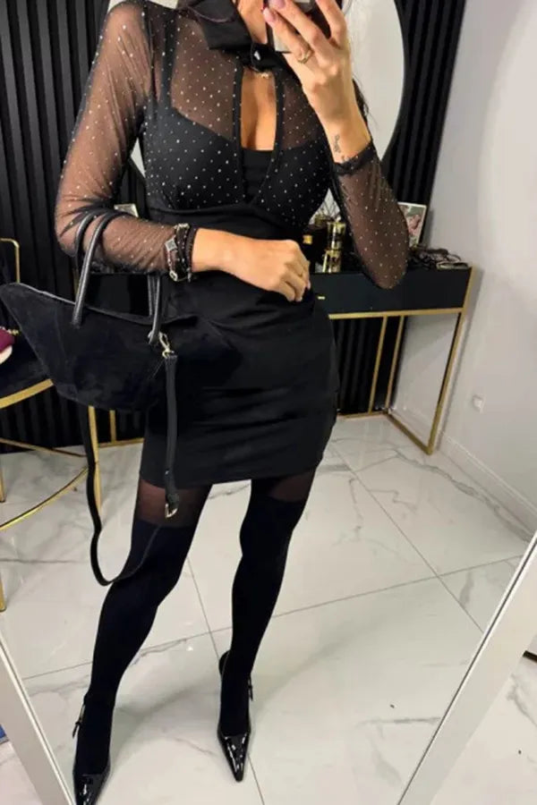 Women’s New Years Eve Dress with Collar & Long Sleeve | Mini