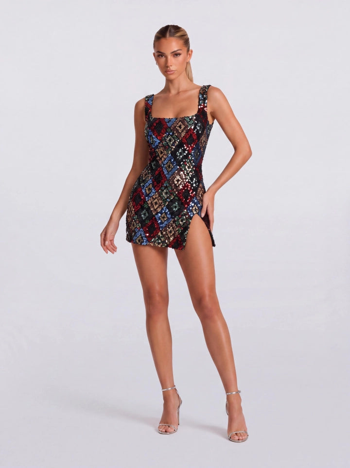 Women’s New Years Eve Dress with Sequins & Side Slit | Mini