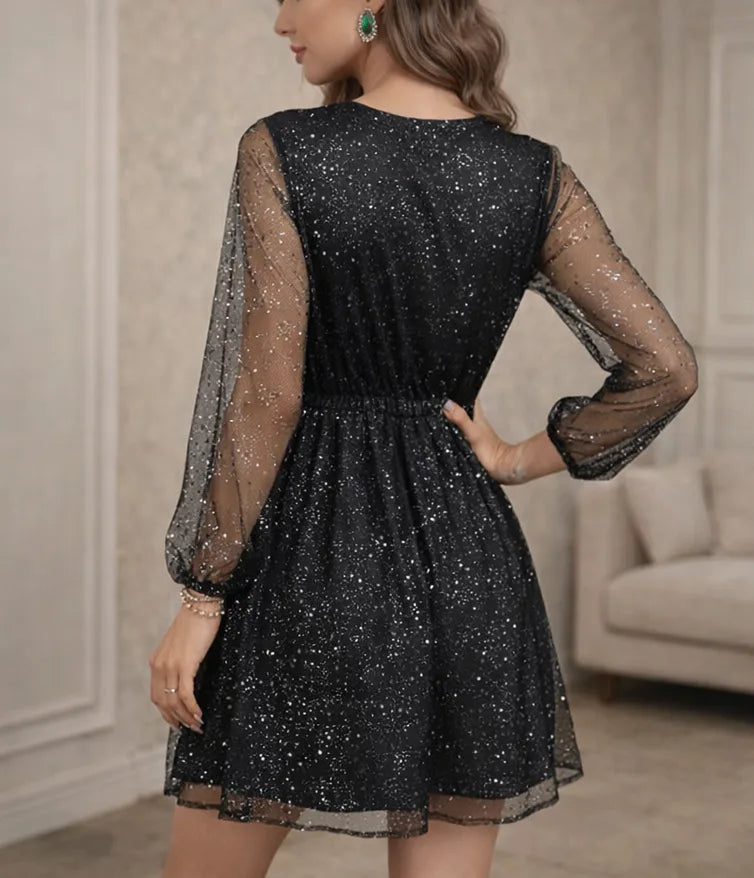 Women’s New Years Eve Dress with V-Neck & Long Sleeves | Mini