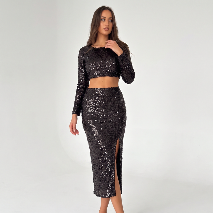 Women’s News Years Outfit Set with Sequin Skirt & Crop Top | Midi