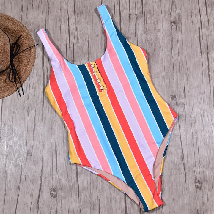 Women's One Piece Swimsuit with Button Front | Striped