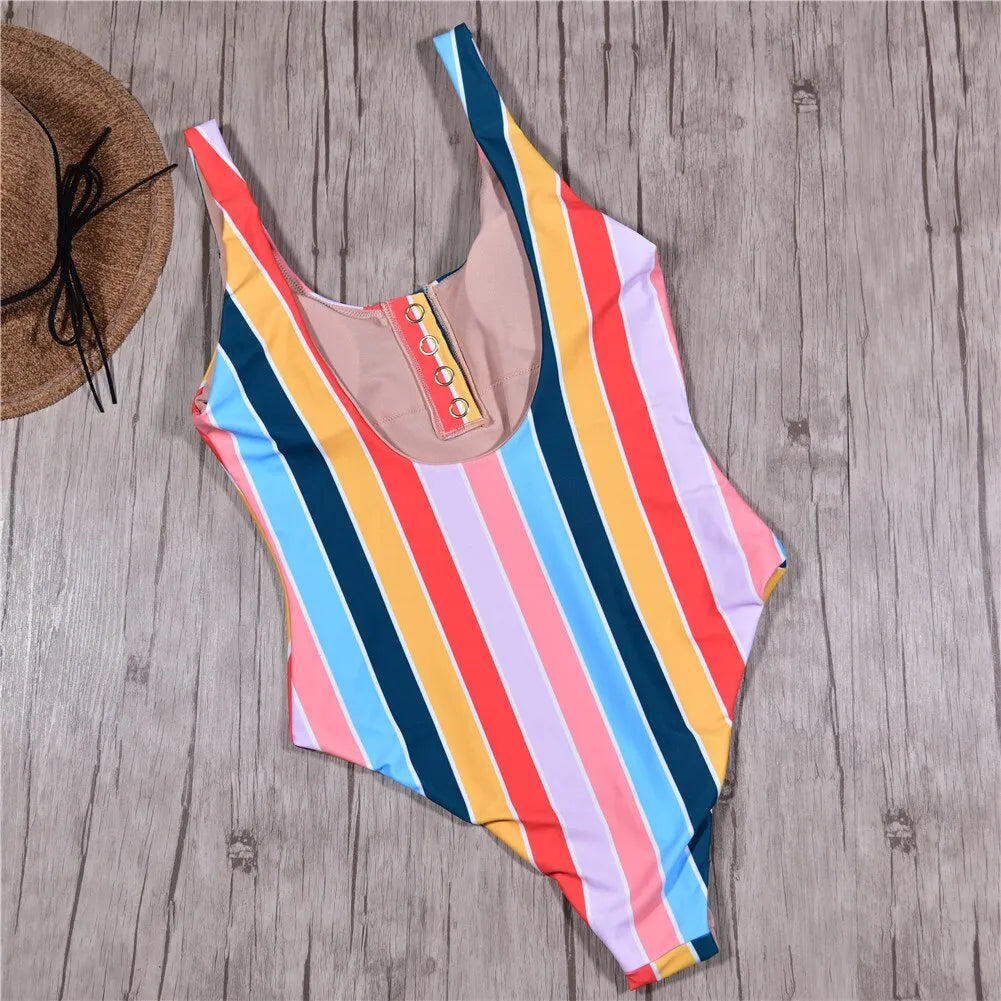 Women's One Piece Swimsuit with Button Front | Striped