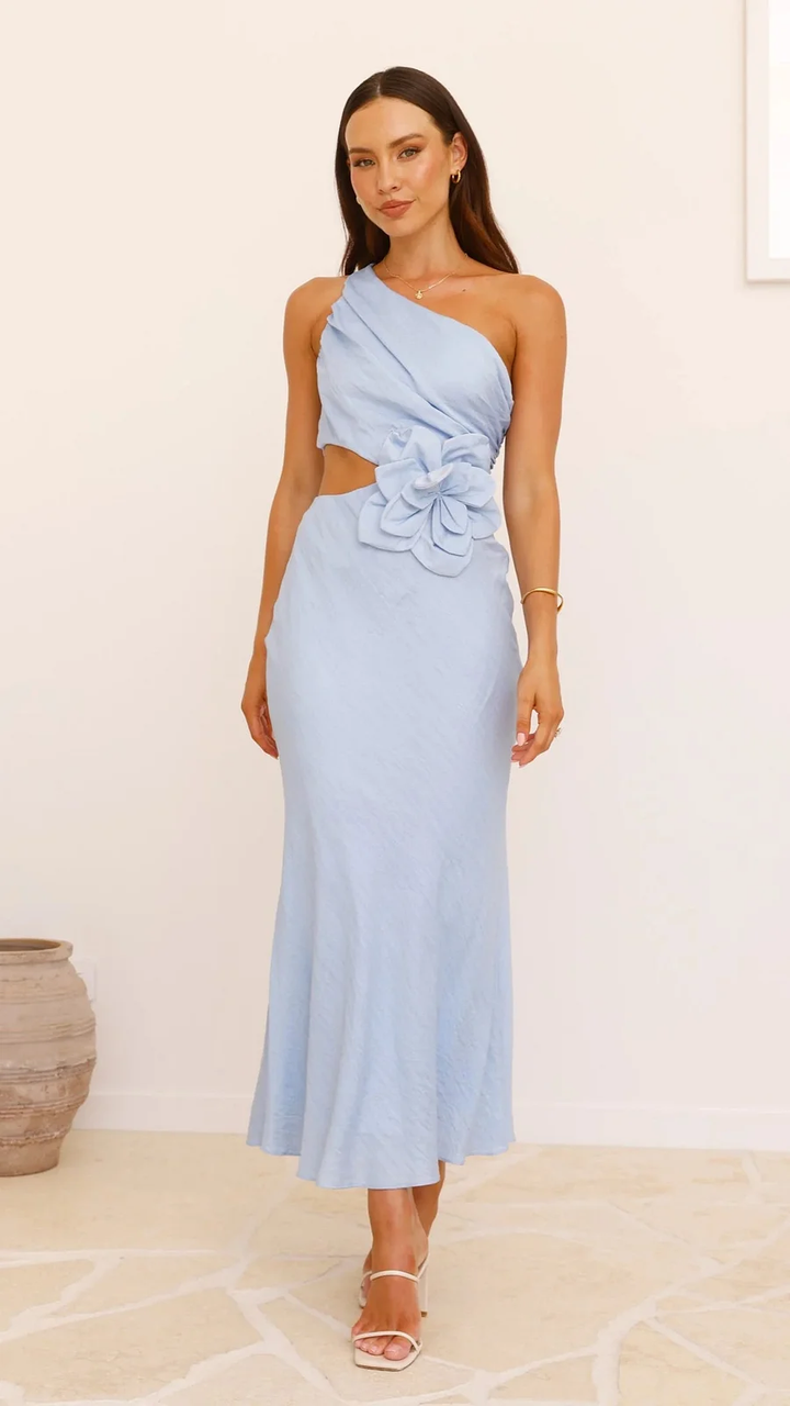 Women's One Shoulder Cocktail Dress with Flower & Cutout | Maxi
