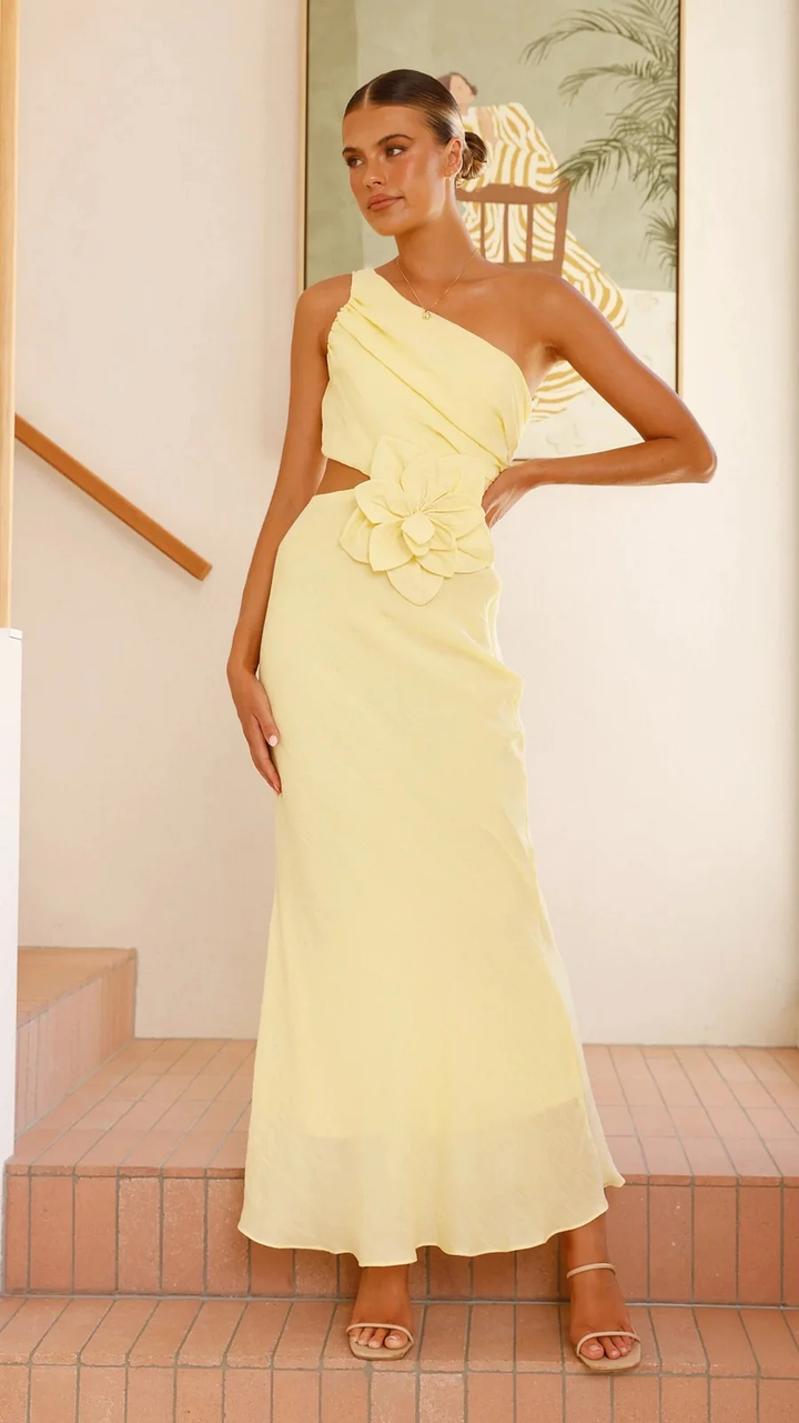 Women's One Shoulder Cocktail Dress with Flower & Cutout | Maxi