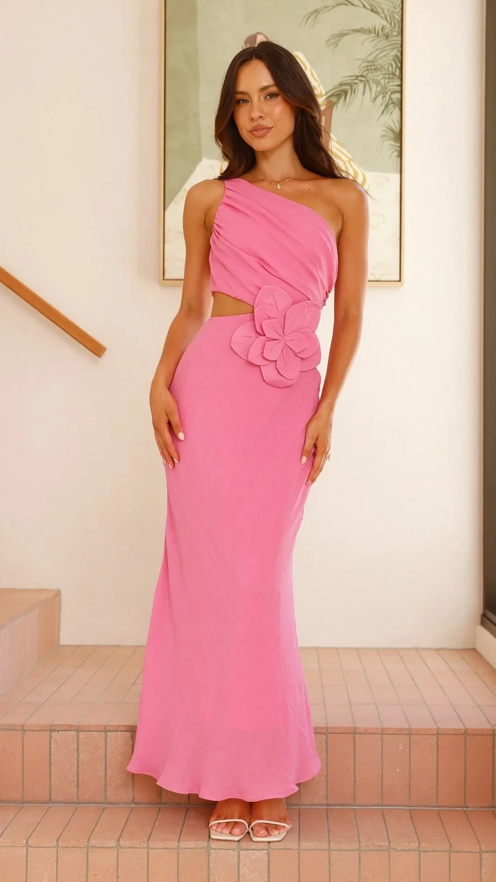Women's One Shoulder Cocktail Dress with Flower & Cutout | Maxi