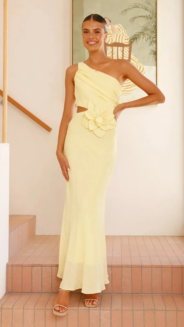 Women's One Shoulder Cocktail Dress with Flower & Cutout | Maxi
