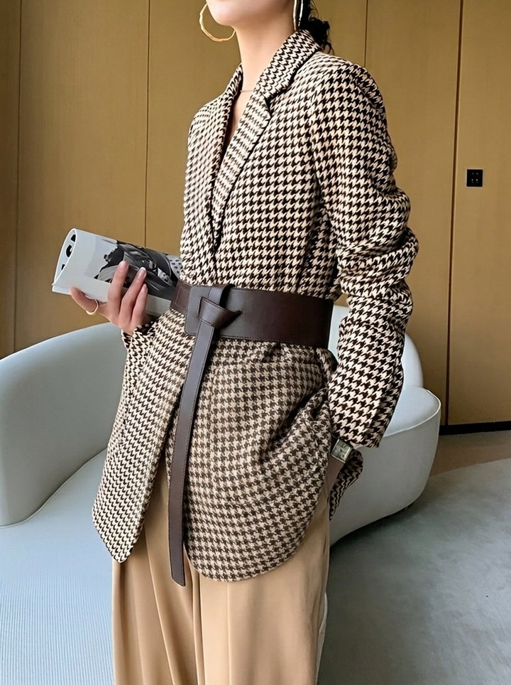 Women's Oversized Blazer with Houndstooth Pattern | Lapel Collar