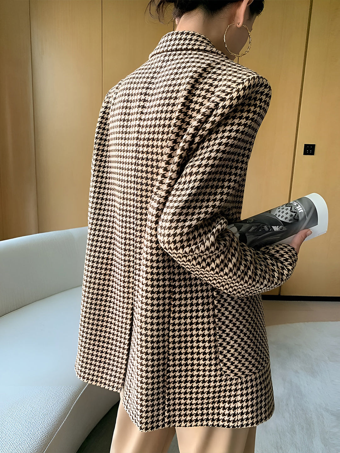 Women's Oversized Blazer with Houndstooth Pattern | Lapel Collar