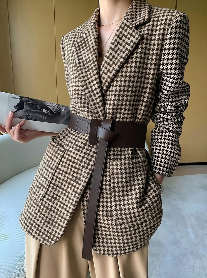 Women's Oversized Blazer with Houndstooth Pattern | Lapel Collar