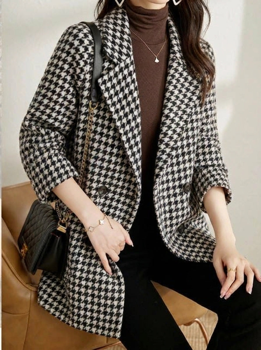 Women's Oversized Blazer with Houndstooth Print | Notched Lapel