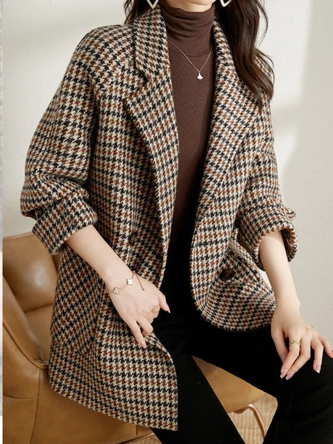 Women's Oversized Blazer with Houndstooth Print | Notched Lapel
