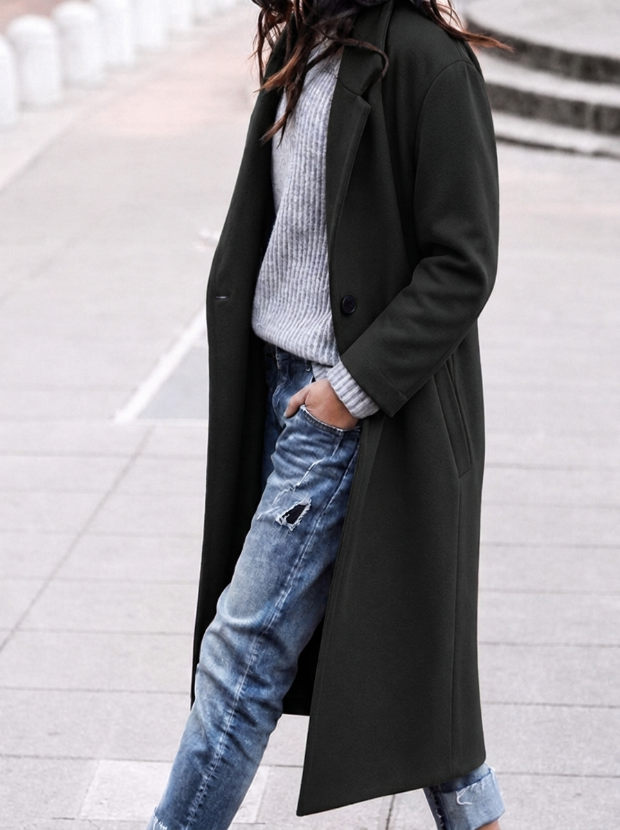 Women's Oversized Button-Up Trench Coat with Lapel | Long
