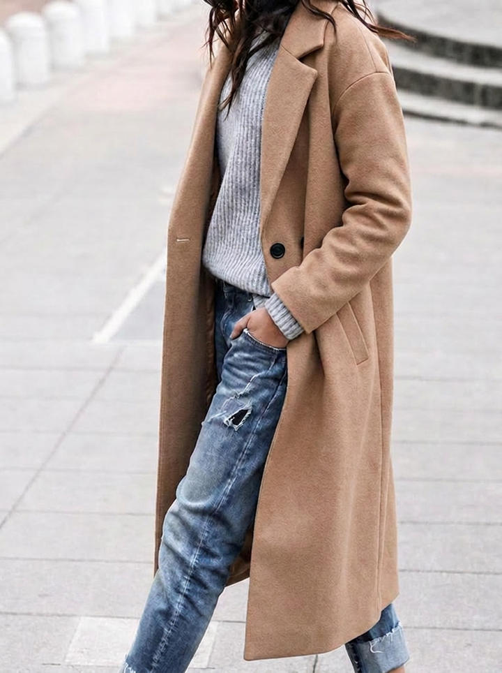 Women's Oversized Button-Up Trench Coat with Lapel | Long