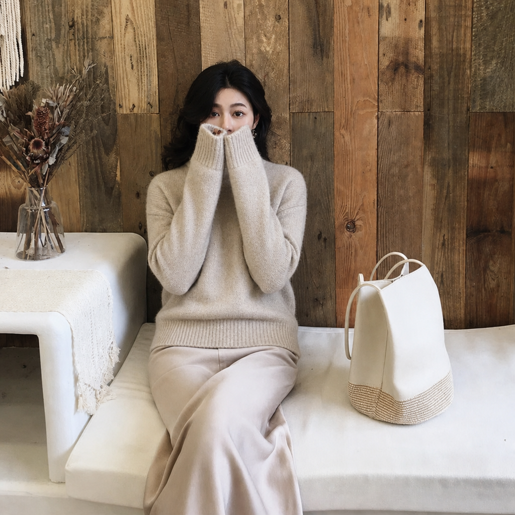 Women's Oversized Fluffy Knit Jumper with Crew Neck | Balloon Sleeves