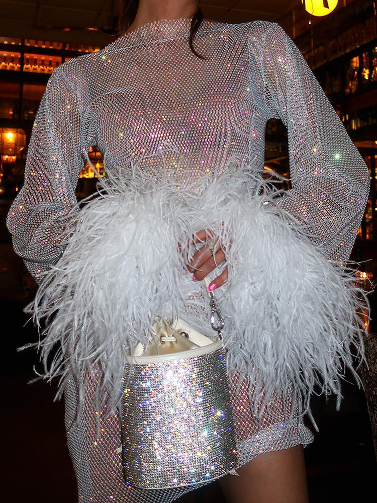 Women's Party Dress with Feather Cuffs | Sparkly Mini