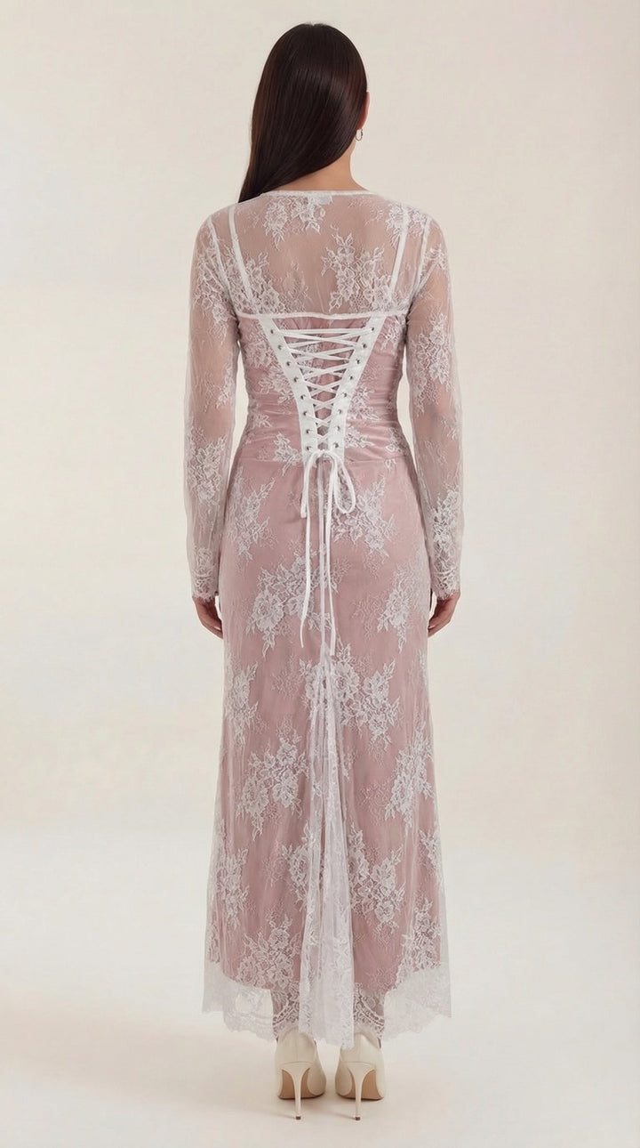 Women's Party Dress with Floral Lace & Corset Back | Maxi