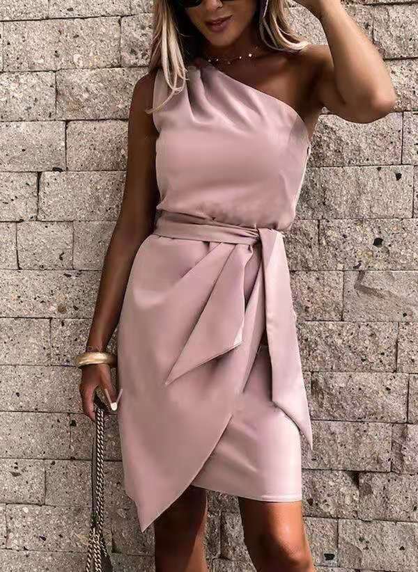 Women's Party Dress with One Shoulder & Tie Waist | Midi